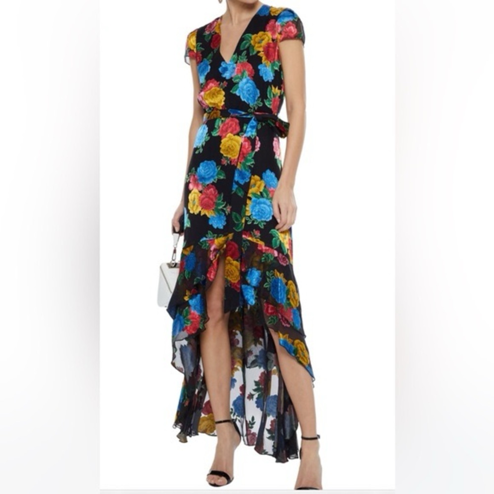 Alice + Olivia Black High-Low Wrap Dress with Blue, Yellow & Red Roses